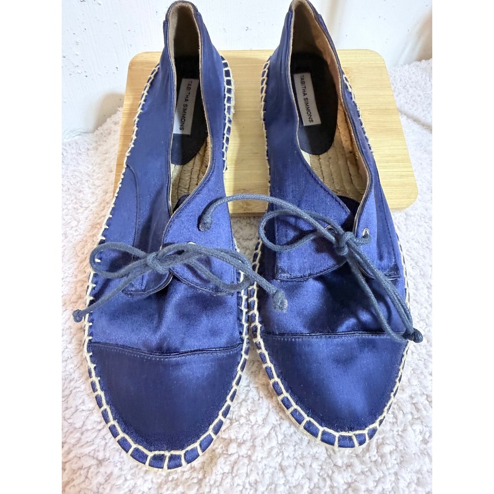 Tabitha Simmons Navy Blue Satin Lace Up Espadrille Flats Made in Spain 38.5